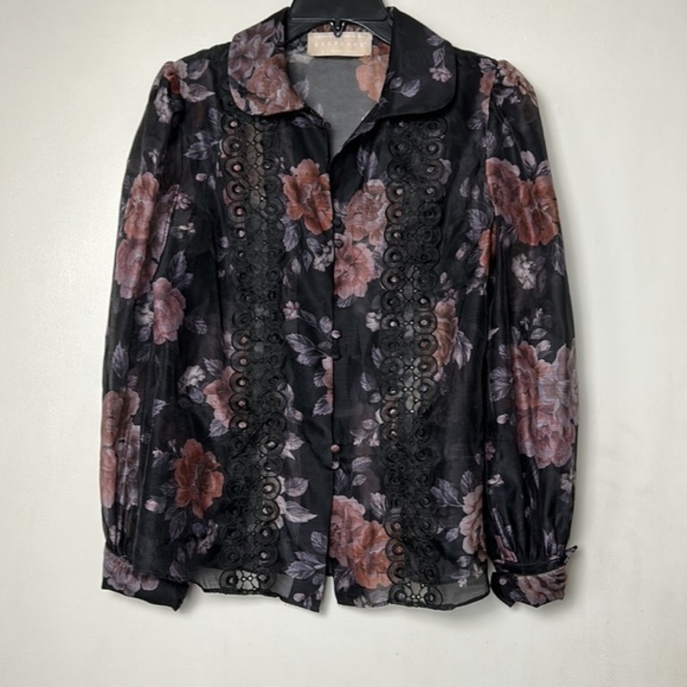 Keepsake Black Floral Long Sleeve Sheer Blouse-Size S